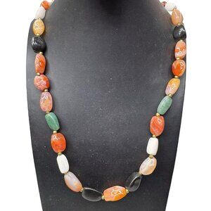 Vintage Beggars Bead Chunky Multi Gemstone Beaded Necklace Brass Accents 27"